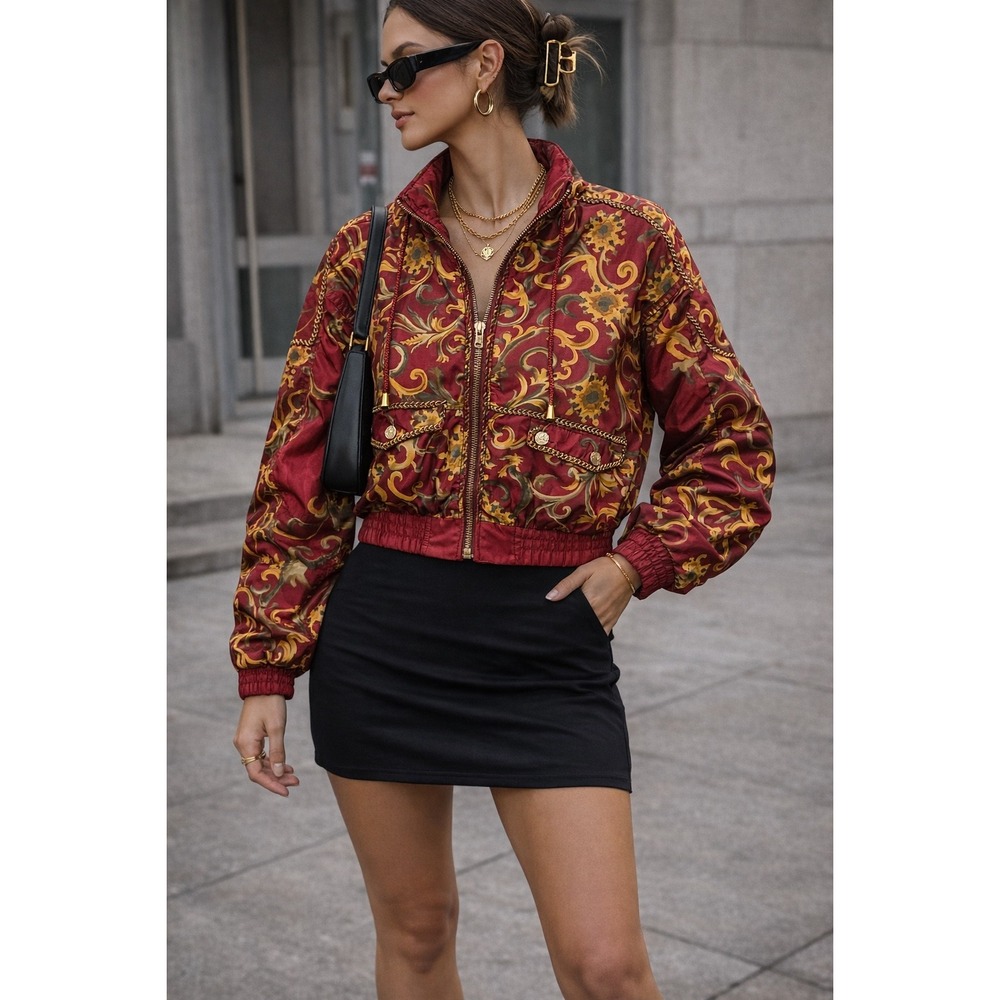 VTG 90s Retro Sport Baroque Chain Windbreaker Jacket Burgundy Gold Womens Md